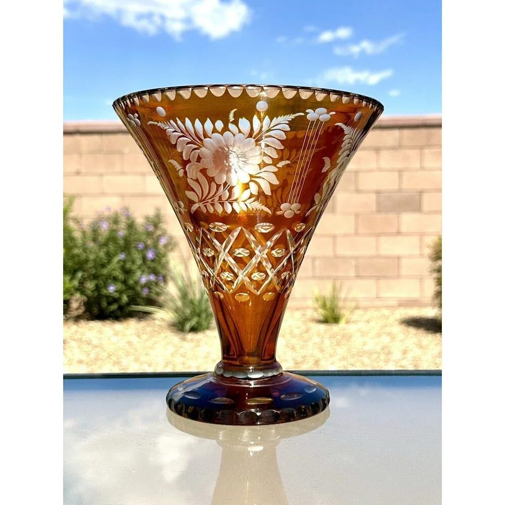 Vintage Bohemian Amber Flash Cut to Clear Glass Vase " Floral Engraved Czech - Picture 8 of 16